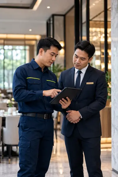 Teknisi Pestra menunjukkan laporan kunjungan di tablet kepada manajer hotel