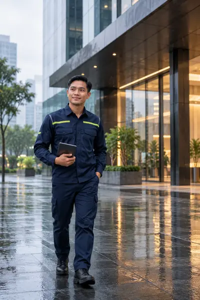 Teknisi Pestra berseragam navy membawa tablet di depan gedung perkantoran